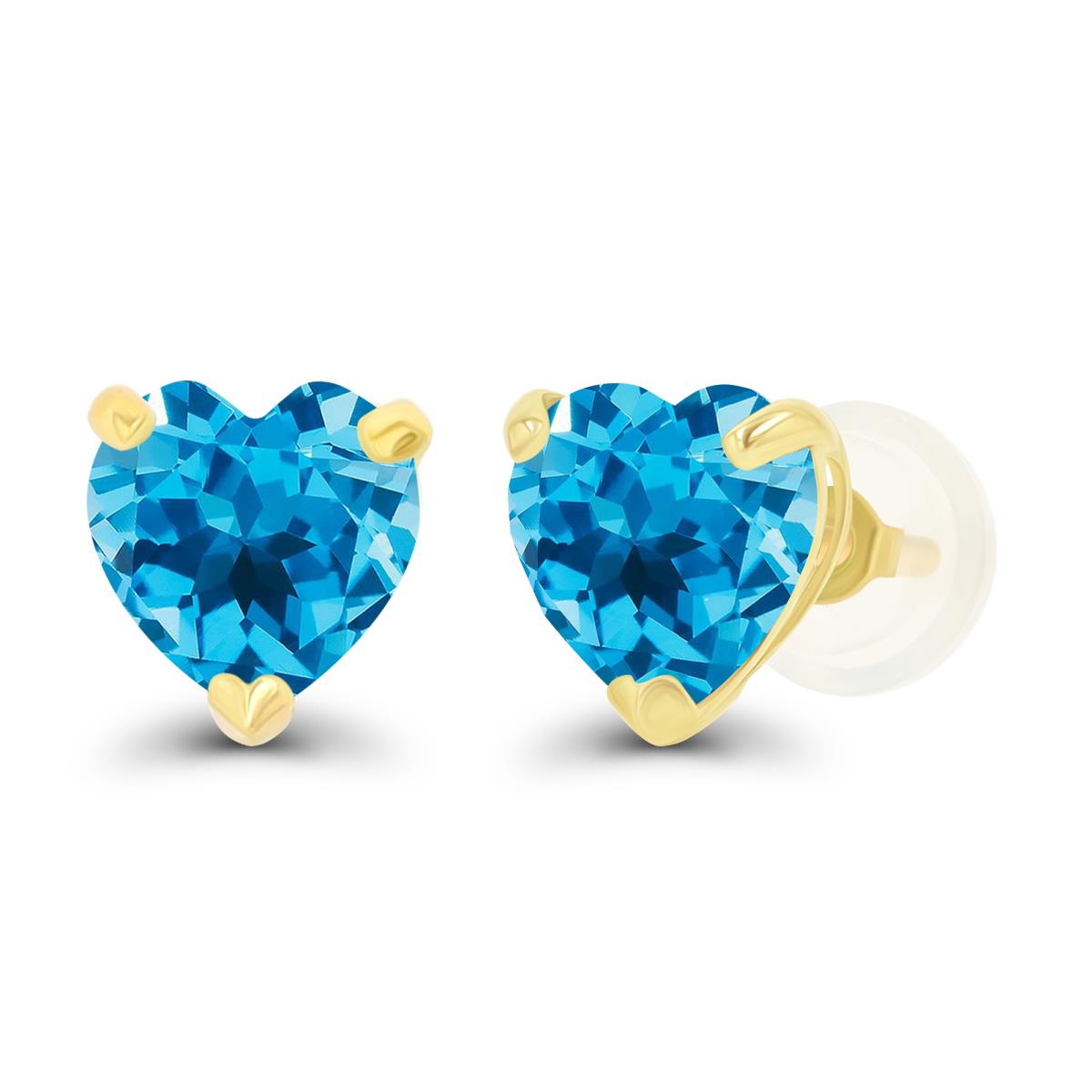 14K Yellow Gold 6mm Heart Swiss Blue Topaz Stud Earring with Silicone Back