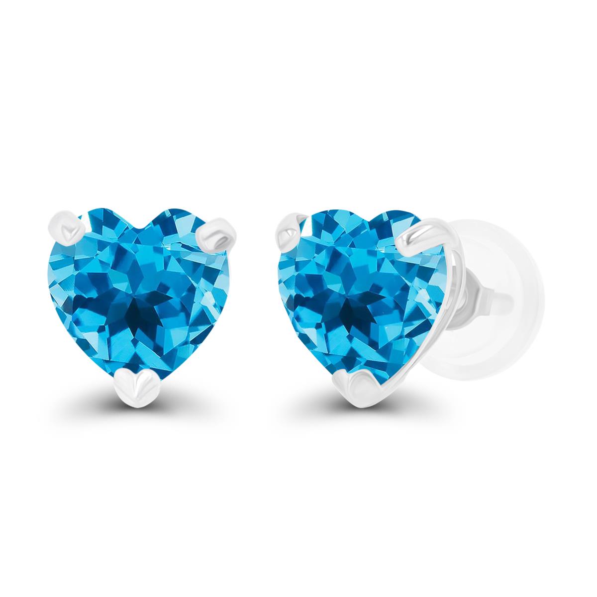 14K White Gold 6mm Heart Swiss Blue Topaz Stud Earring with Silicone Back