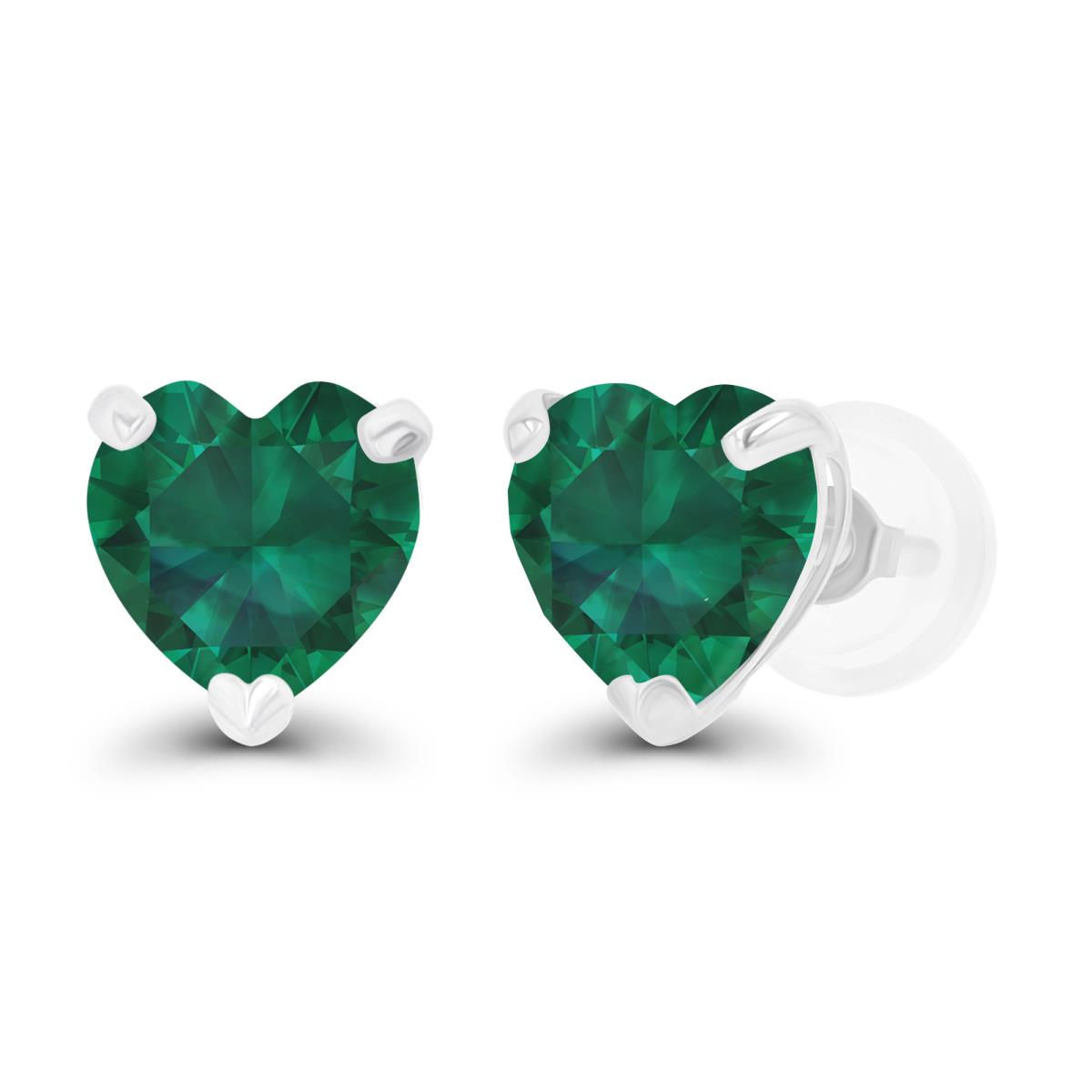 14K White Gold 6mm Heart Created Emerald Stud Earring with Silicone Back