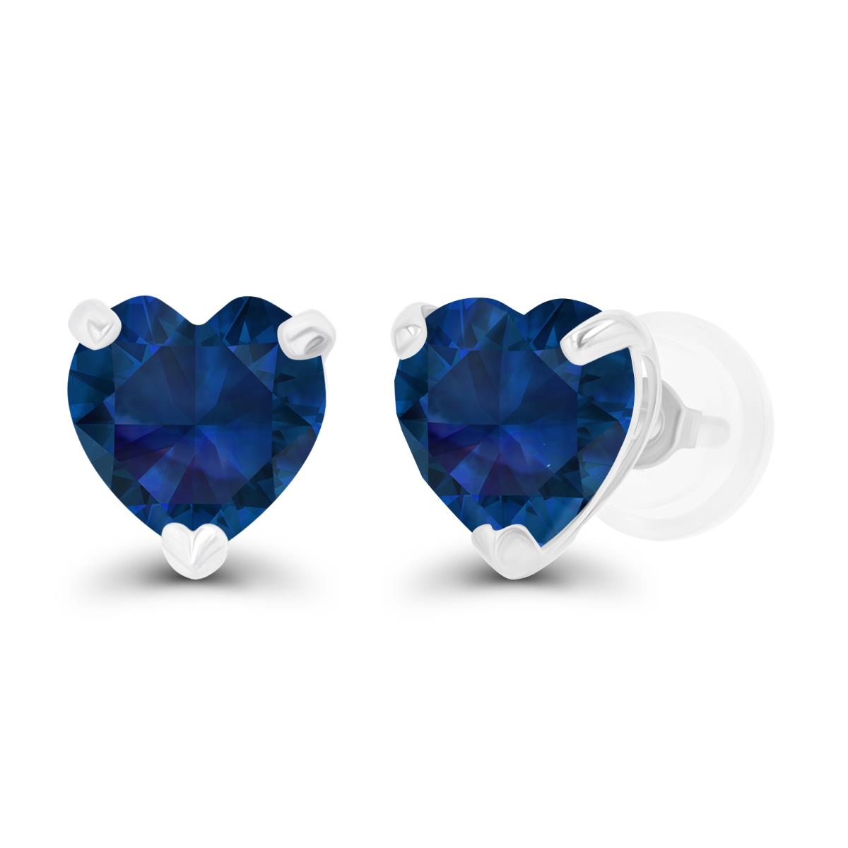 14K White Gold 6mm Heart Created Blue Sapphire Stud Earring with Silicone Back