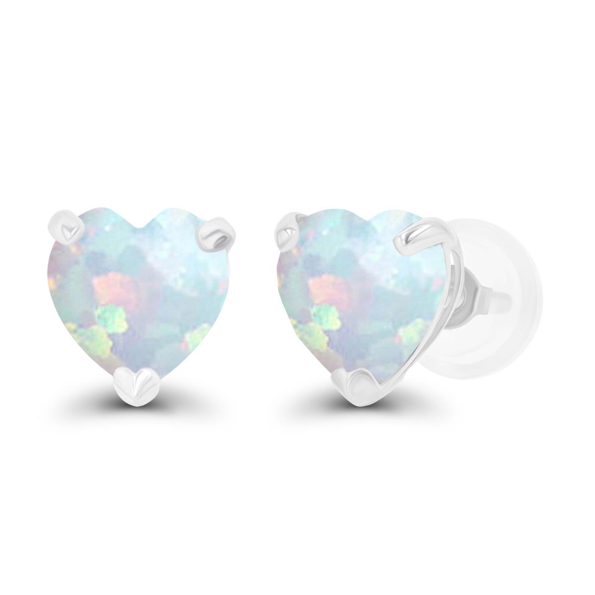 Sterling Silver Rhodium 6mm Heart Created Opal Stud Earring with Silicone Back