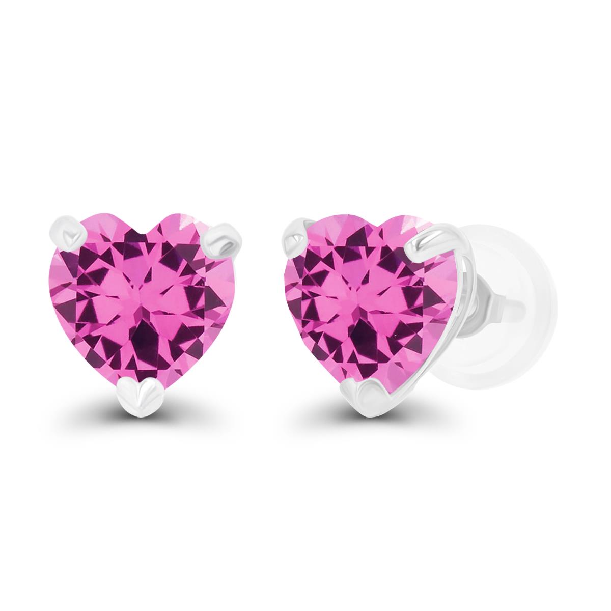 Sterling Silver Rhodium 6mm Heart Created Pink Sapphire Stud Earring with Silicone Back