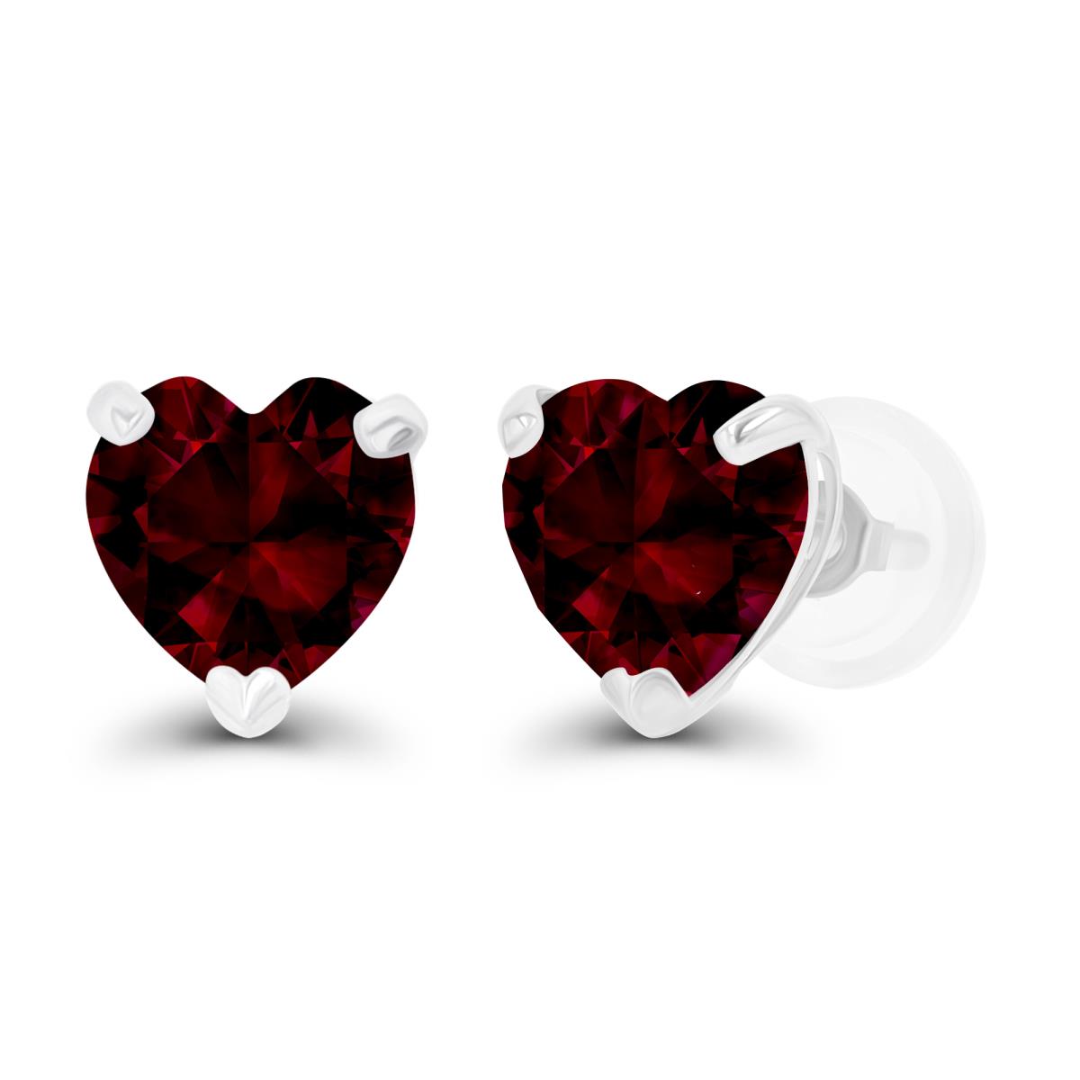 Sterling Silver Rhodium 6mm Heart Garnet Stud Earring with Silicone Back