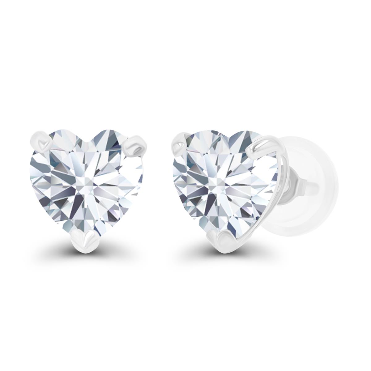 Sterling Silver Rhodium 6mm Heart Created White Sapphire Stud Earring with Silicone Back