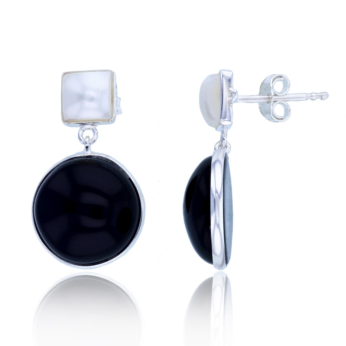 Sterling Silver Square Fresh Water Pearl & Round Black Onyx Dangling Earring