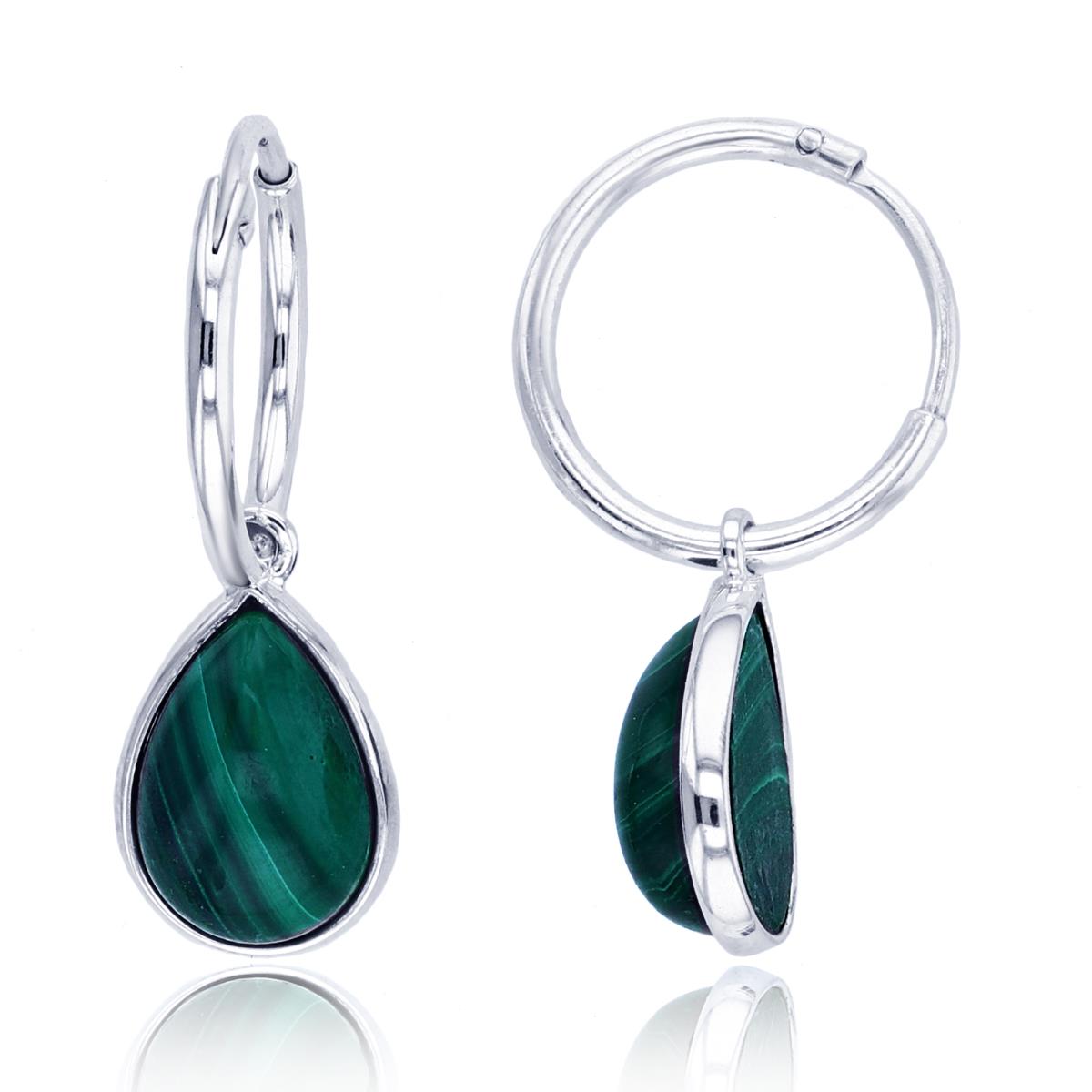 Sterling Silver Pear Shaped Melachite Bezel Dangling Hoop Earring