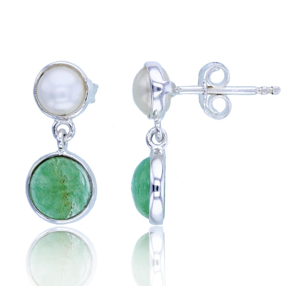 Sterling Silver 5mm Fresh Water Pearl & 7mm Green Onyx Bezel Dangling Earring