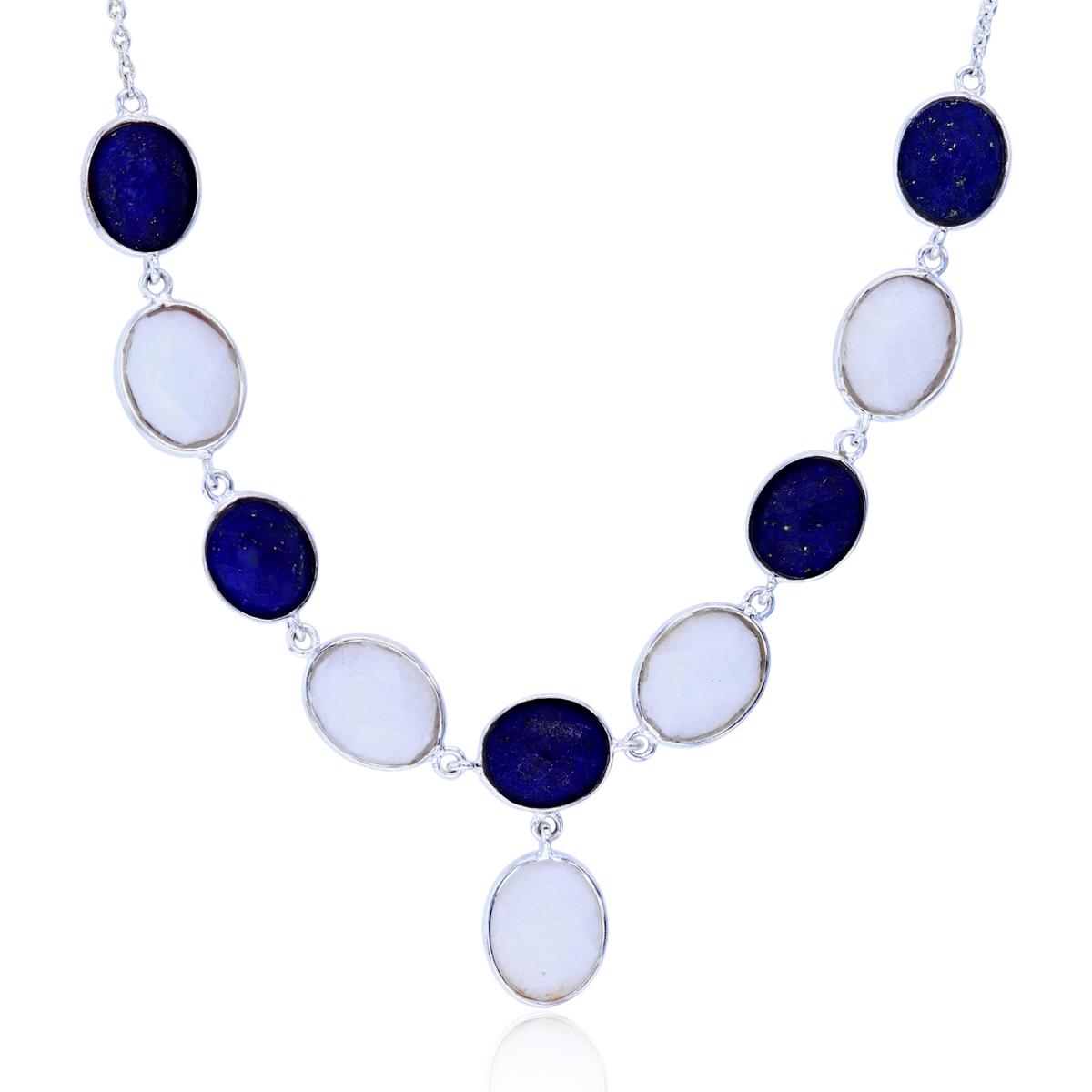 Sterling Silver Oval Blue Lapis & White Agate Bezel 20" Adjustable Necklace