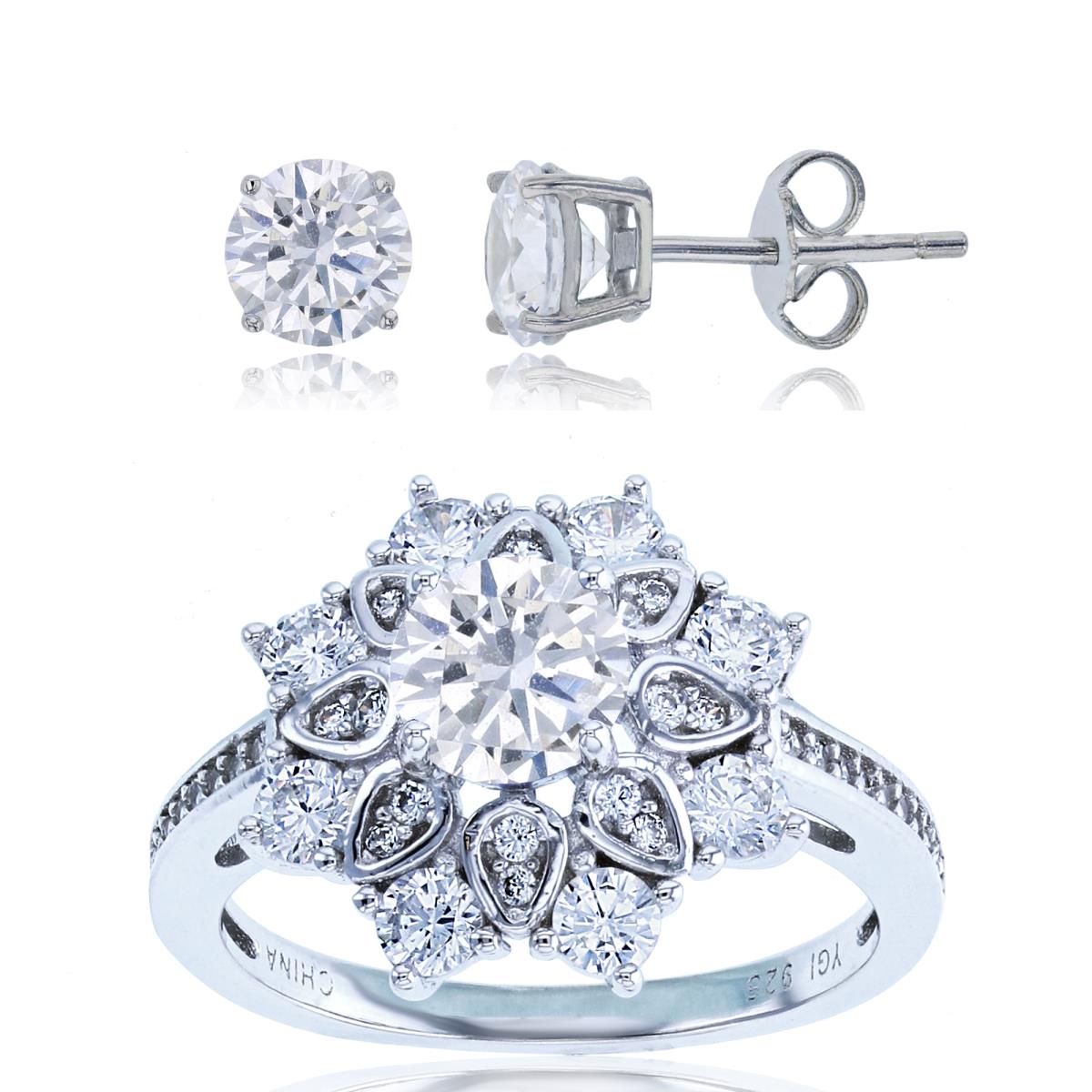 Sterling Silver Rhodium 6mm Rnd CZ Center Ring & Solitaire Stud Earring Set