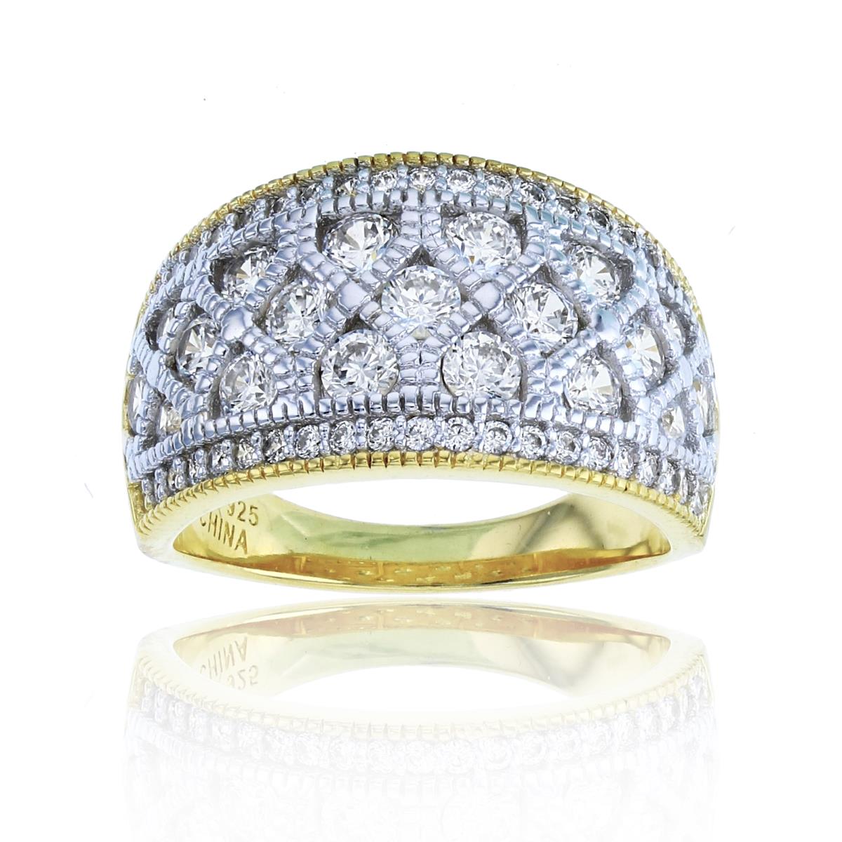 Sterling Silver+1Micron Yellow Gold Two-Tone Rnd CZ Rhomb Ornament Beaded Dome Band 