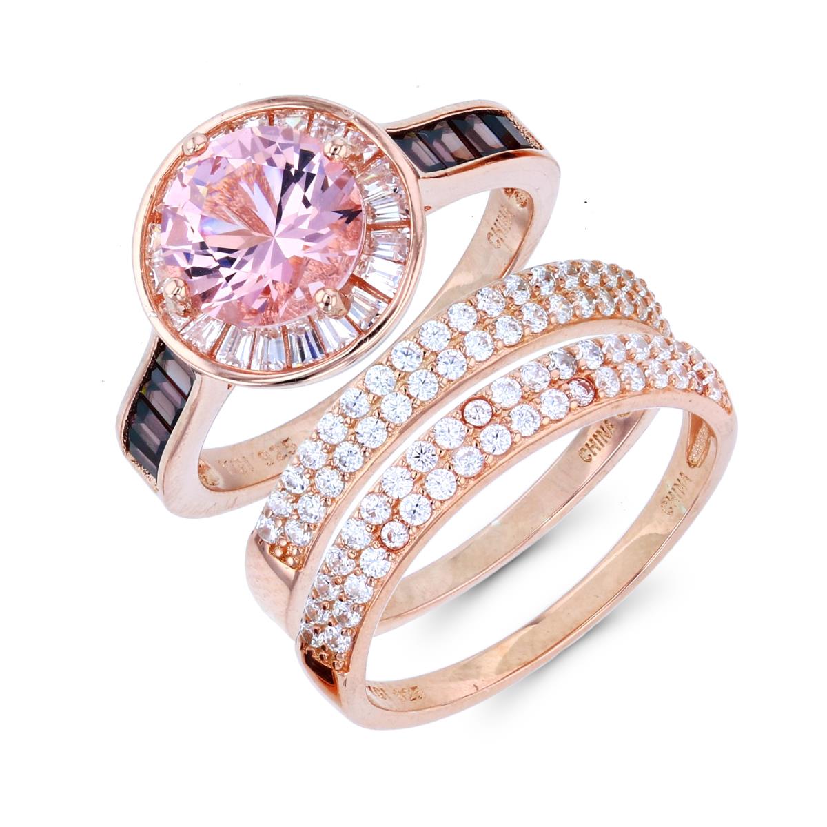Sterling Silver+1Micron Rose Gold 8mm Rnd Morganite CZ & SB Brown/TB White CZ Engagement Ring and Rnd White CZ 2-Bands Set