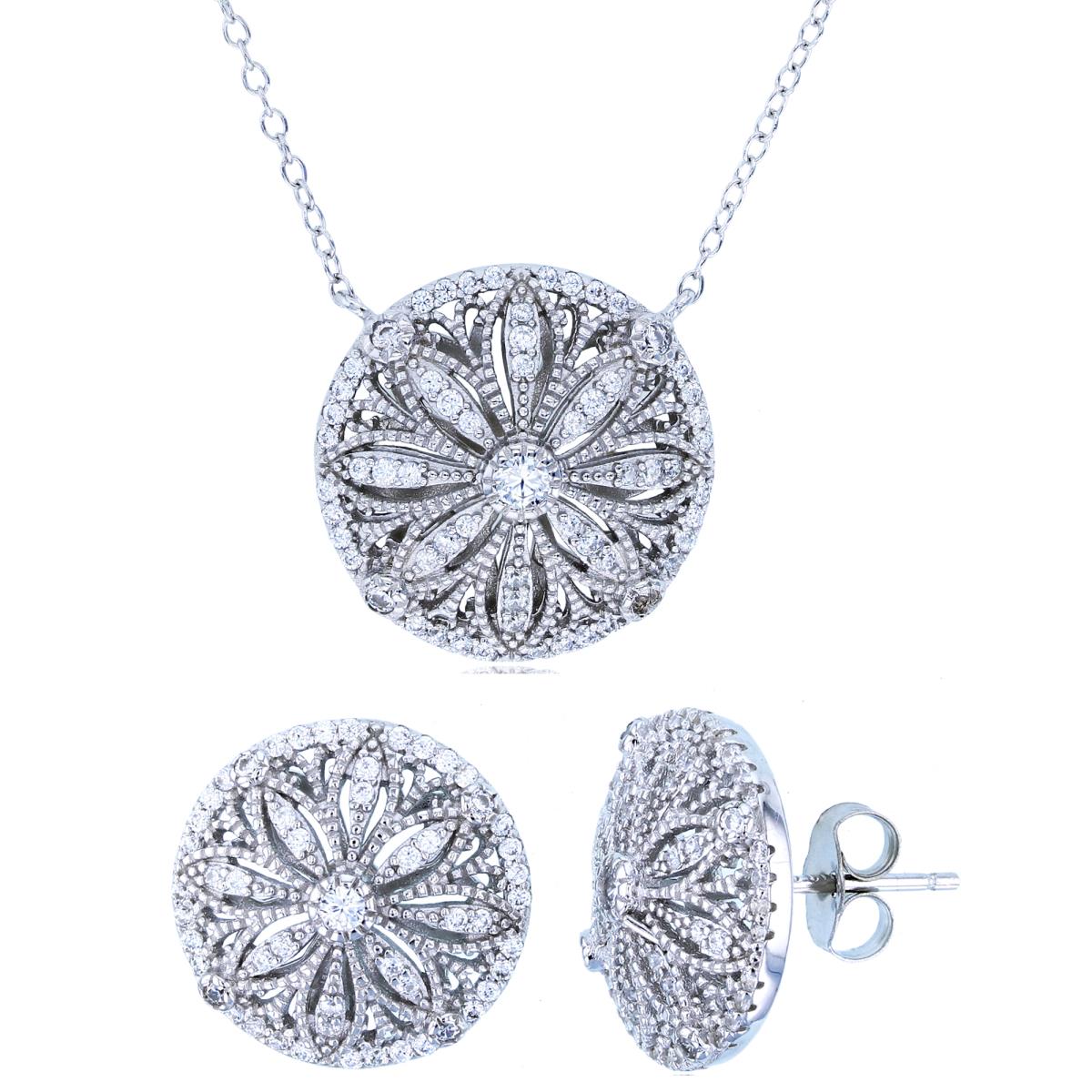Sterling Silver Rhodium Rnd CZ Milgrain Dome Flower 18" Necklace & Earring Set
