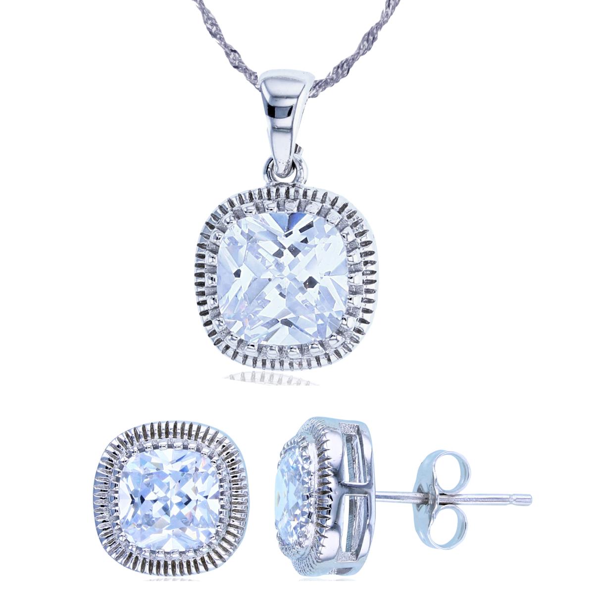 Sterling Silver Rhodium Cushion CZ Bead-Framed Halo 18"+2" Singapore Necklace & Earring Set