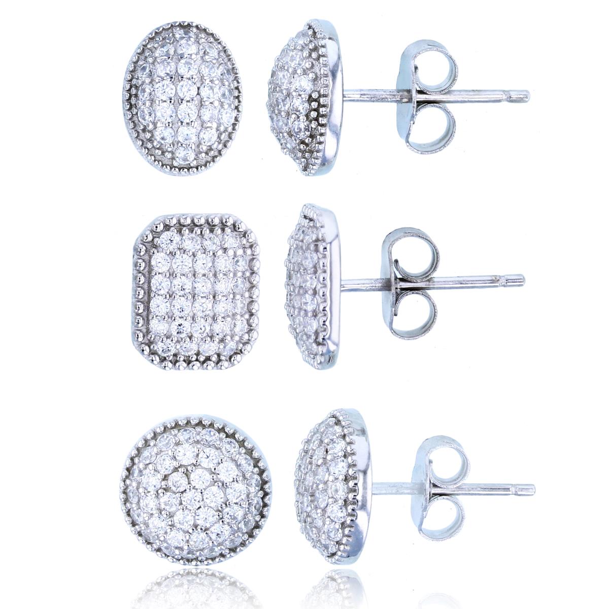Sterling Silver Rhodium Rd CZ Pave Cushion, Puffy Circle & Puffy Oval Stud Earring Set