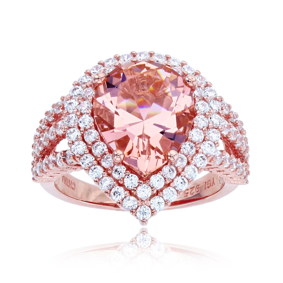 Sterling Silver+1Micron Rose Gold 12x10mm PS Morganite & Rnd White CZ Double Halo PS-Ring