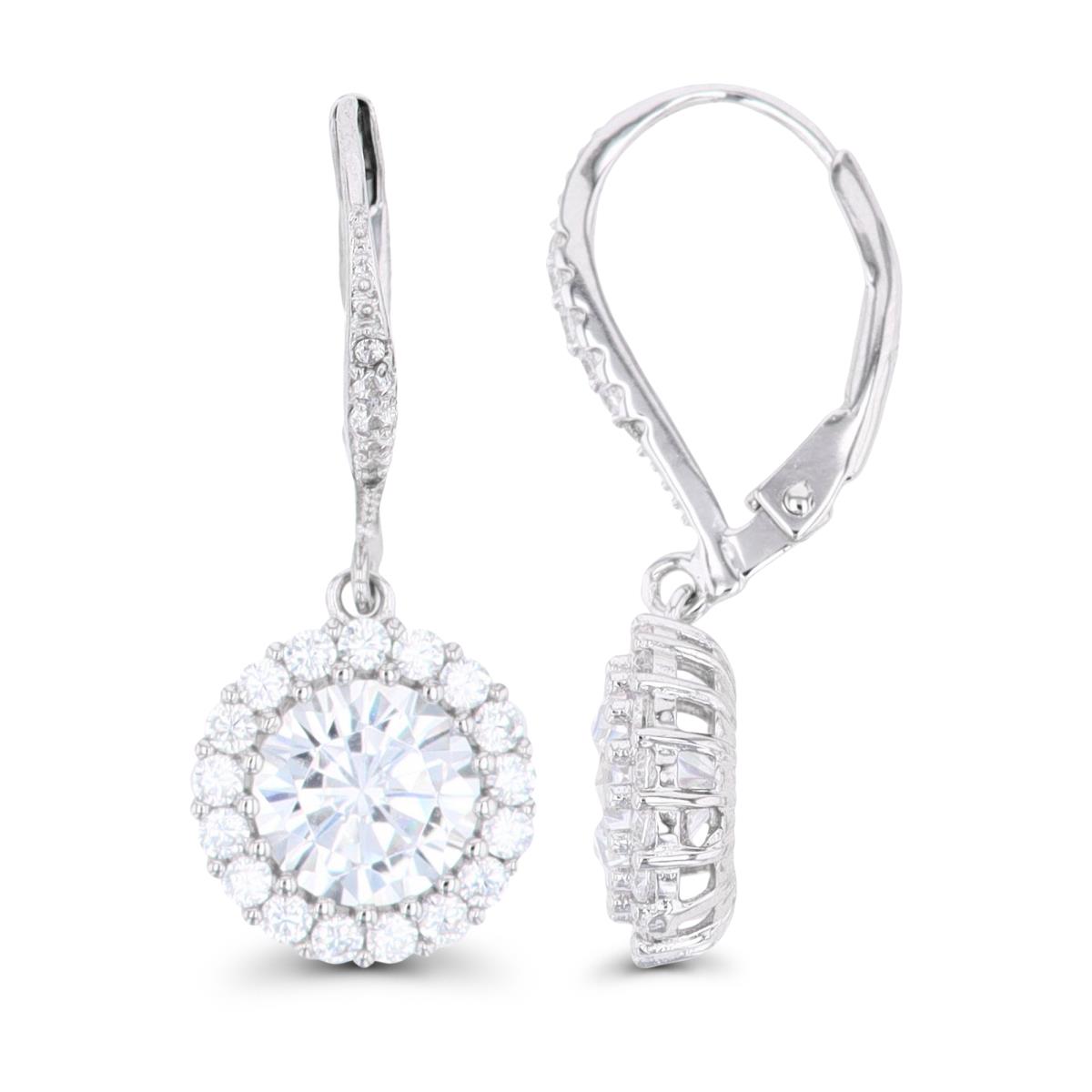 Sterling Silver Rhodium 8mm Round CZ Halo LeverBack Earring