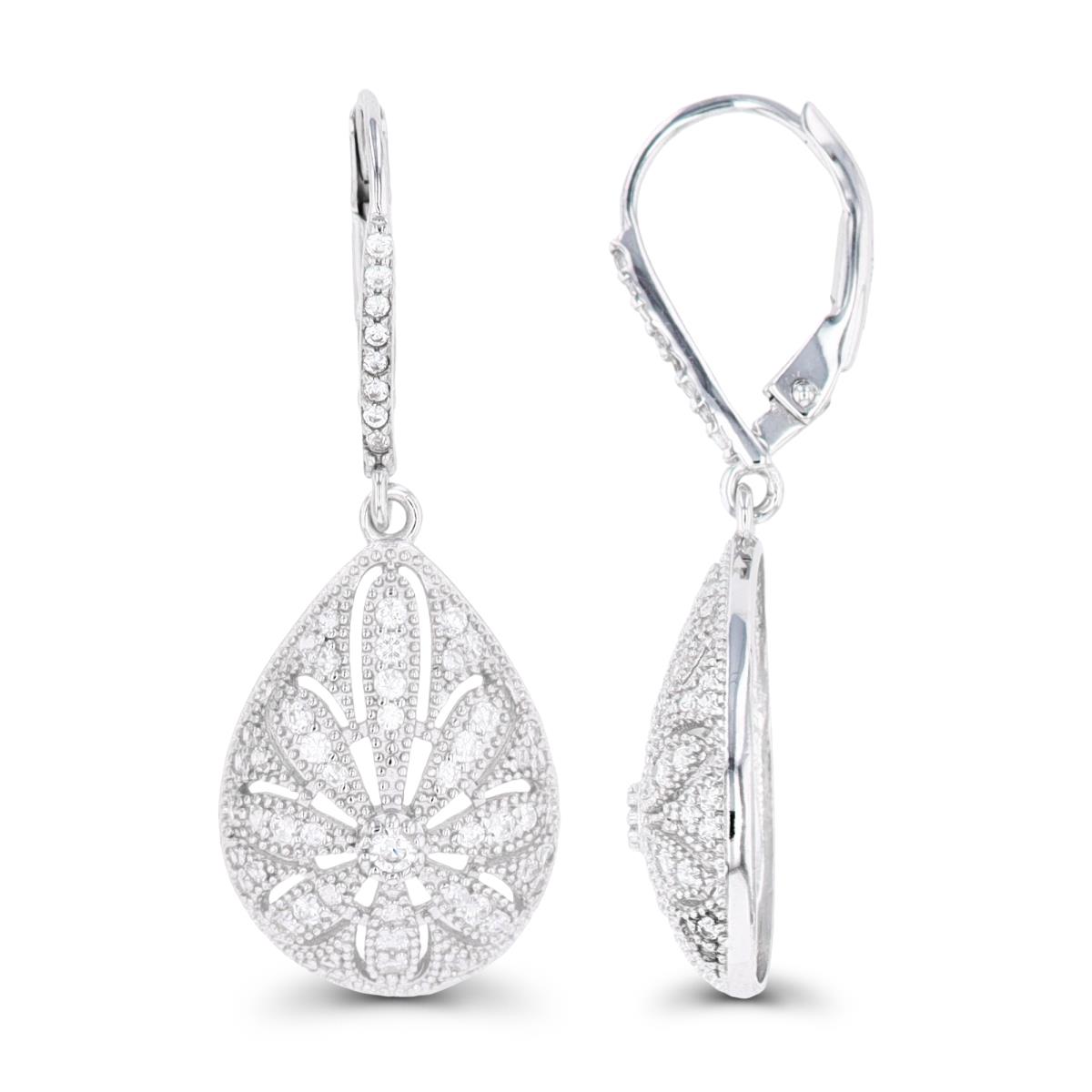 Sterling Silver Rhodium Paved Domed Teardrop Leverback Earring