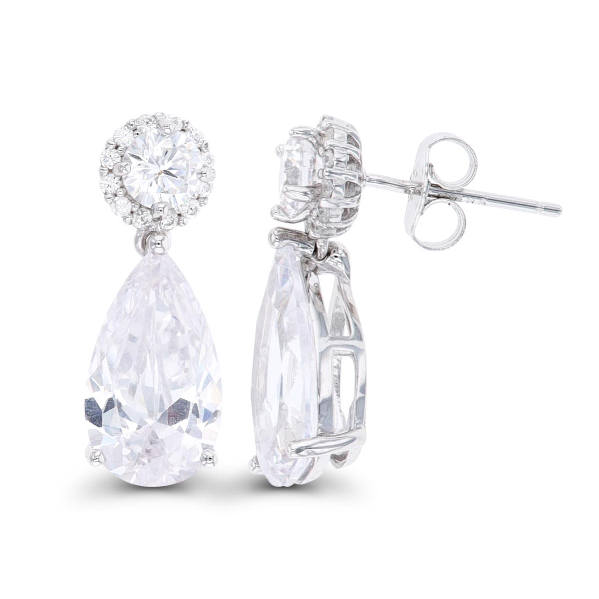 Sterling Silver Rhodium 5mm Rd Halo & Dangling 14x8mm Pear Earring
