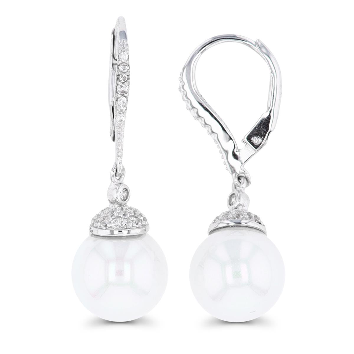 Sterling Silver Rhodium 10mm Pearl & CZ Hat Leverback Earring