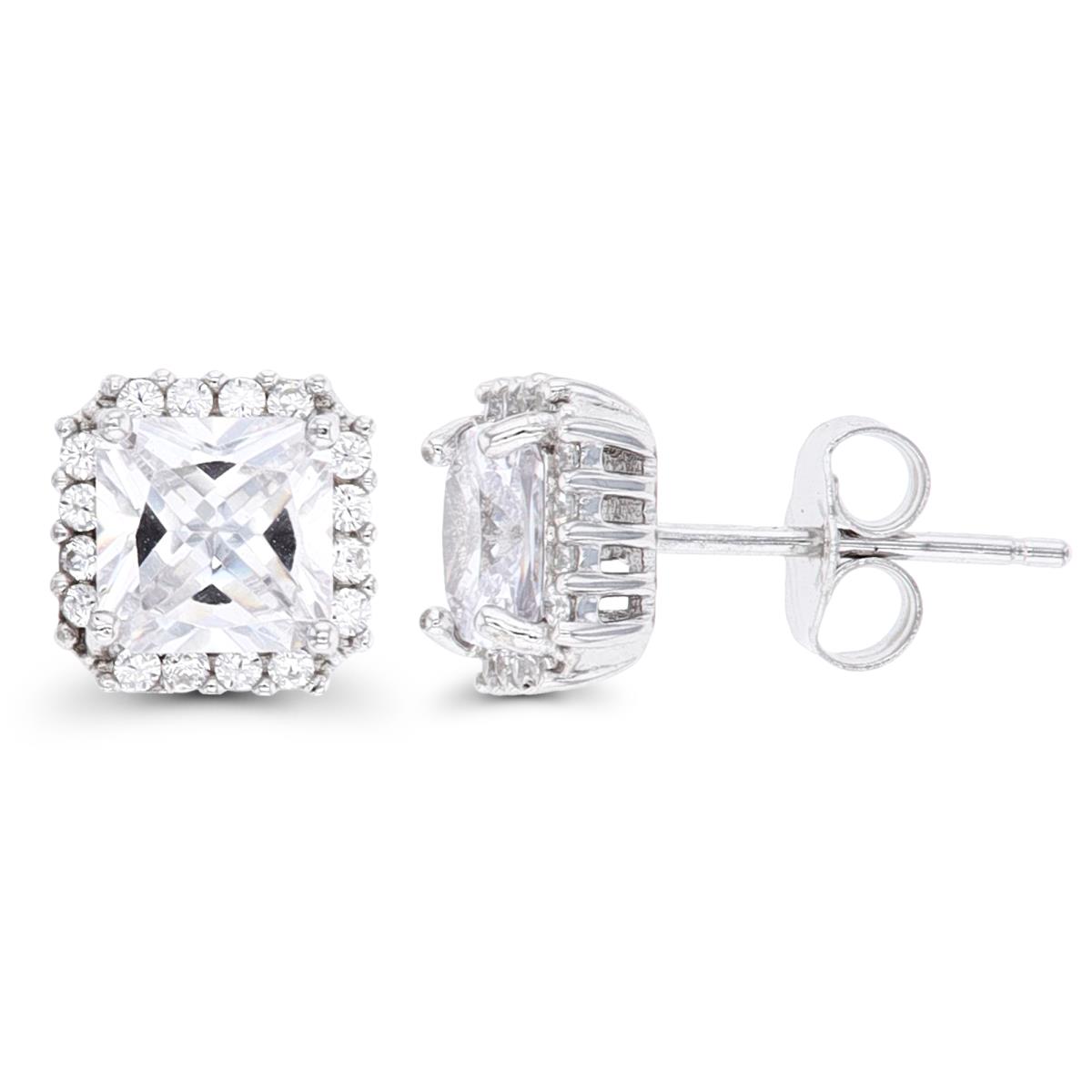 Sterling Silver Rhodium 6mm Square CZ Halo Stud Earring