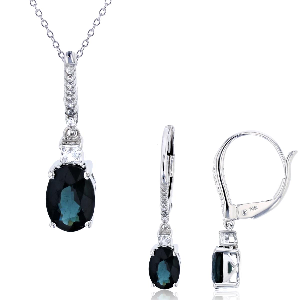 Sterling Silver Rhodium 7x5mm Ov Cr Blue Sapphire & Rnd /Princess Created White Sapphire Earring & Necklace Set