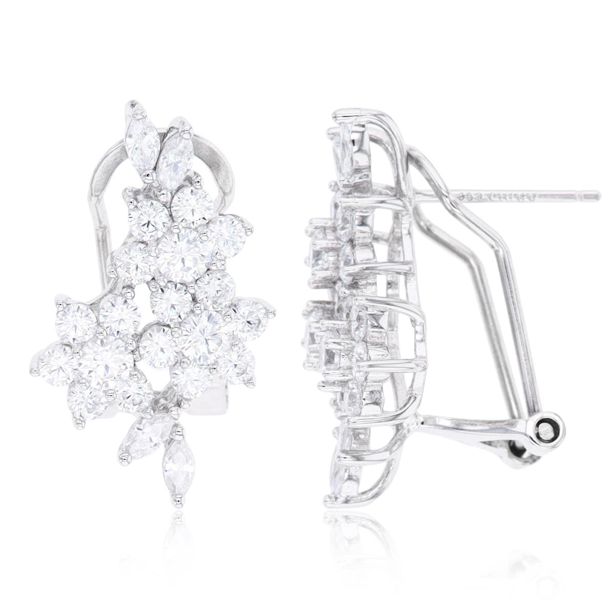 Sterling Silver Rhodium Floral CZ Omega-Back Earring