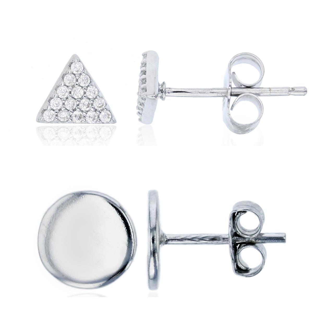 Sterling Silver Rhodium Polished Flat Circle & Micropave CZ Triangle Stud Earring Set