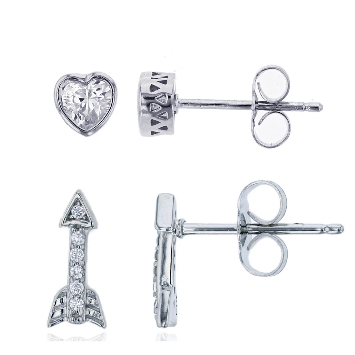 Sterling Silver Rhodium 4mm Heart Cut Bezel & Petite Arrow Stud Earring Set