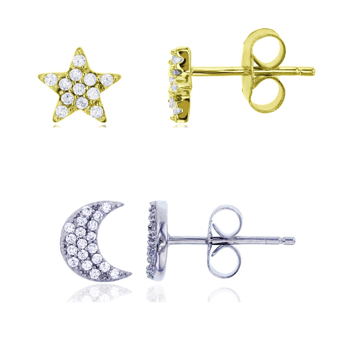 Sterling Silver Rhodium Micropave Crescent Moon & Yellow 6x6mm Micropave Star Stud Set