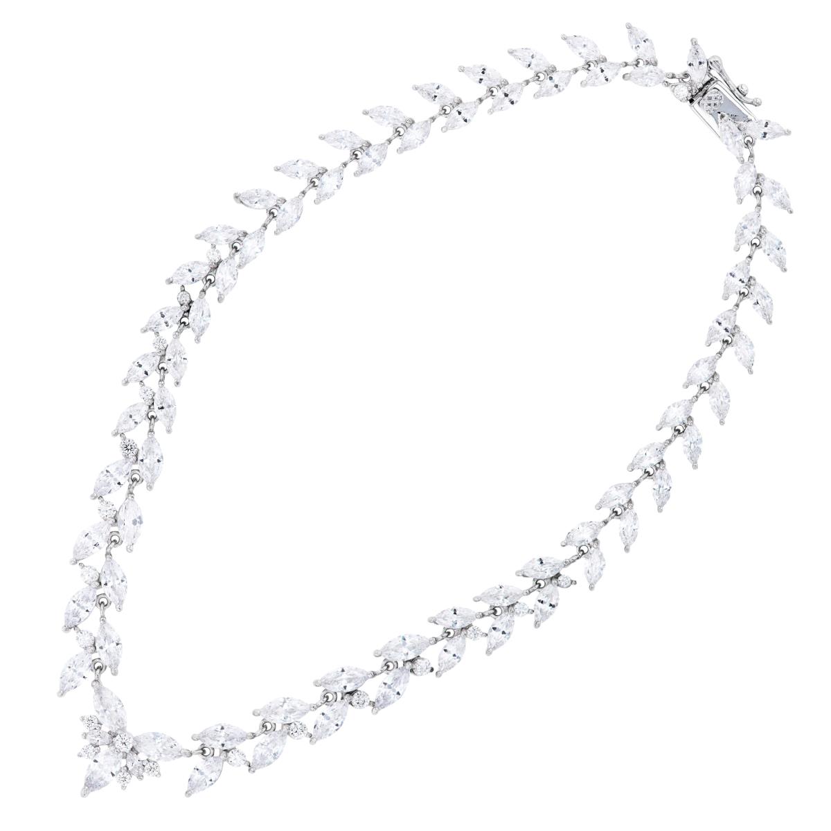 Sterling Silver Rhodium Marquise Cut CZ Floral 16" Necklace