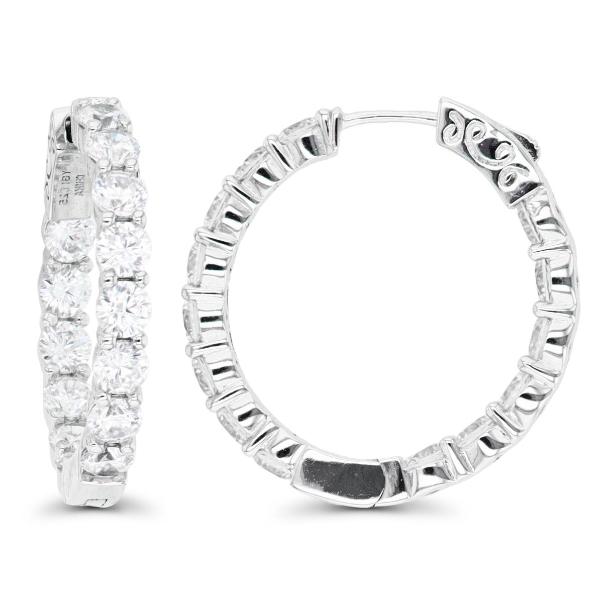Sterling Silver Rhodium 20x4mm Round CZ Hoop Earring with Safety Lock
