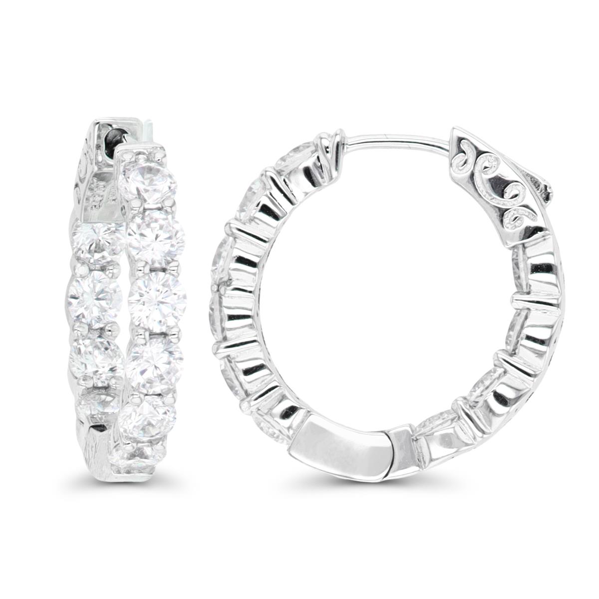 Sterling Silver Rhodium 25x4mm Round CZ Hoop Earring with Safety Lock