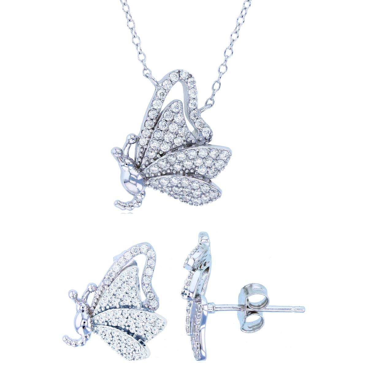 Sterling Silver Rhodium Rnd White CZ Butterfly 18" Necklace & Earring Set