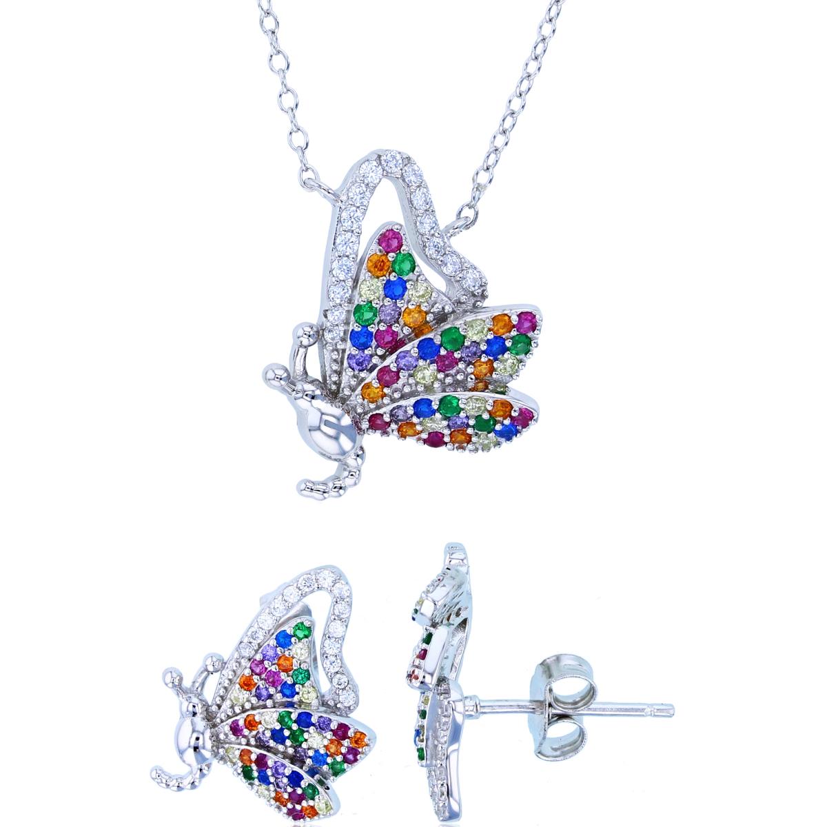 Sterling Silver Rhodium Rnd Multicolor CZ Butterfly 18" Necklace & Earring Set