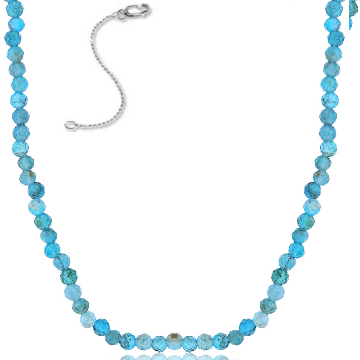 Sterling Silver Rhodium 2mm Rondelle Blue Apatite Beaded 16"+2" Necklace