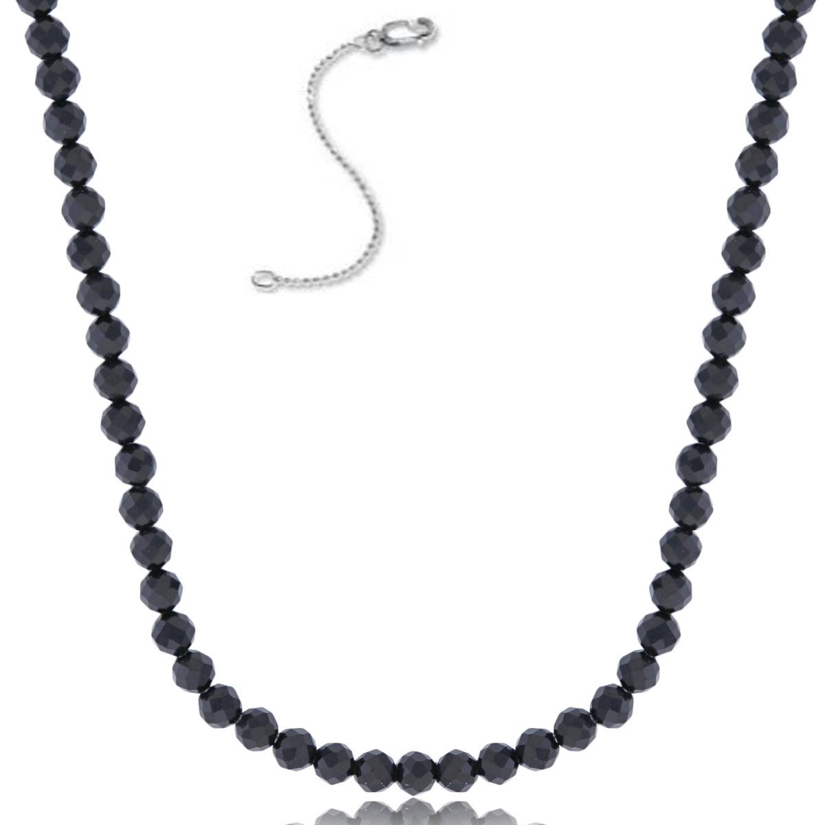 Sterling Silver Rhodium 3mm Rondelle Onyx Beaded 16"+2" Necklace