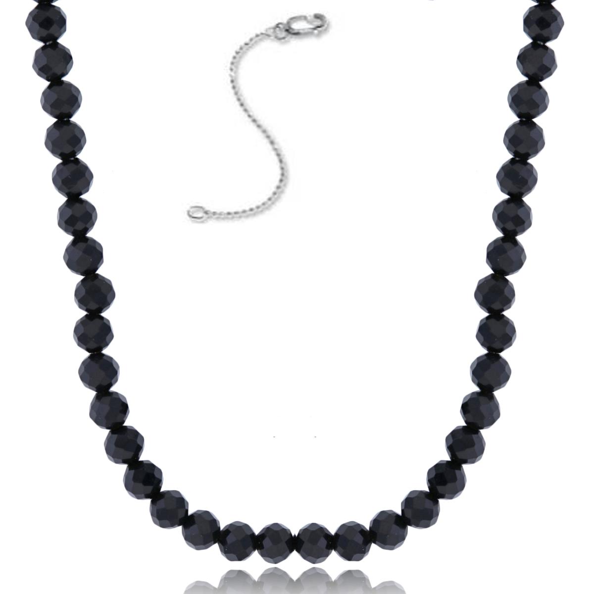 Sterling Silver Rhodium 4mm Rondelle Onyx Beaded 16"+2" Necklace