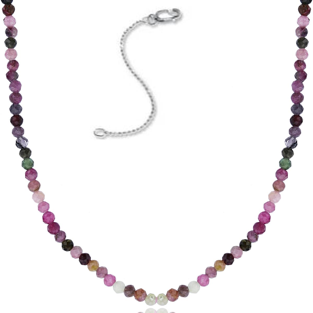 Sterling Silver Rhodium 2mm Rondelle Tourmaline Beaded 16"+2" Necklace