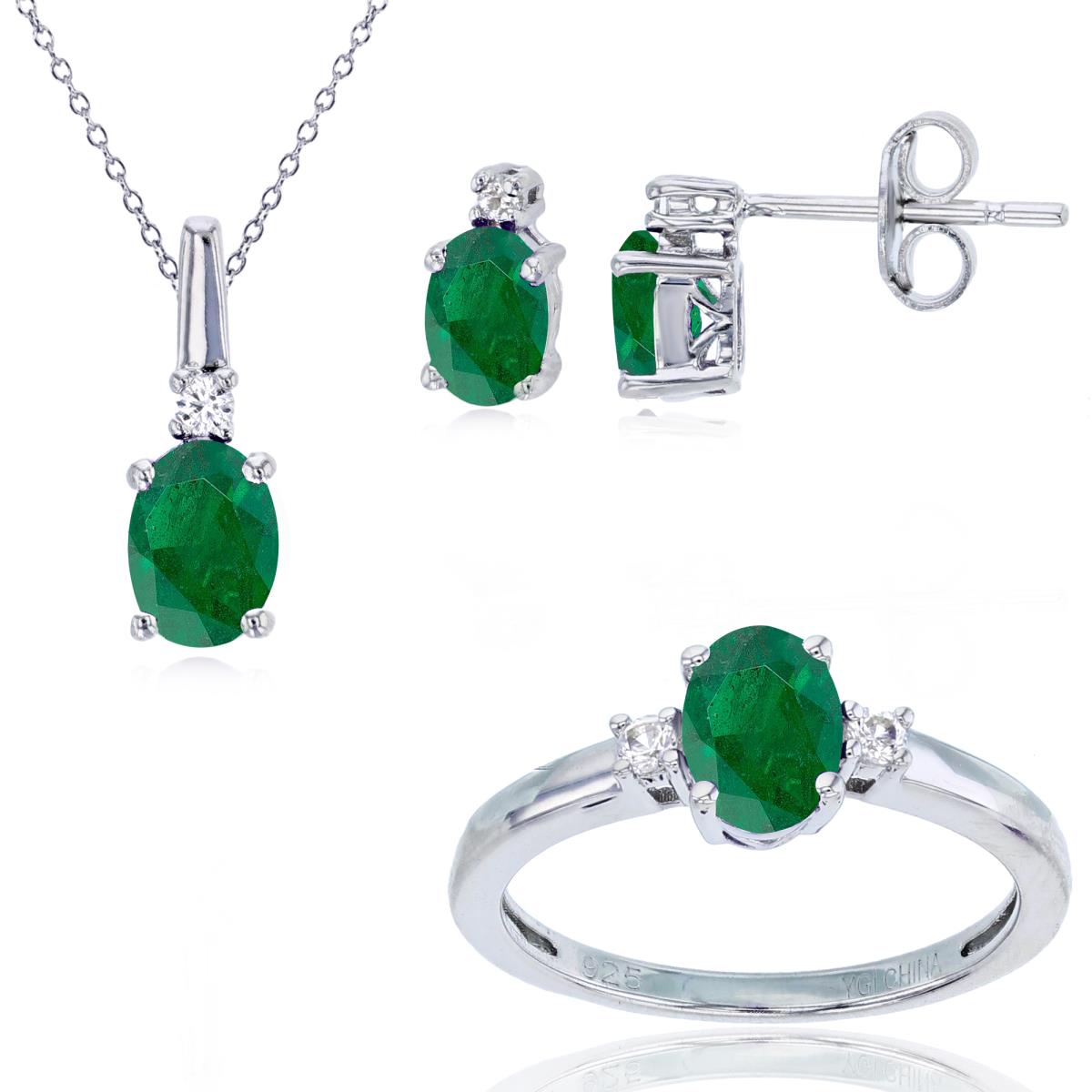 Sterling Silver Rhodium 7x5mm/6x4mm Ov Created Emerald & Rnd Created White Sapphire  Necklace/Ear/Ring Set