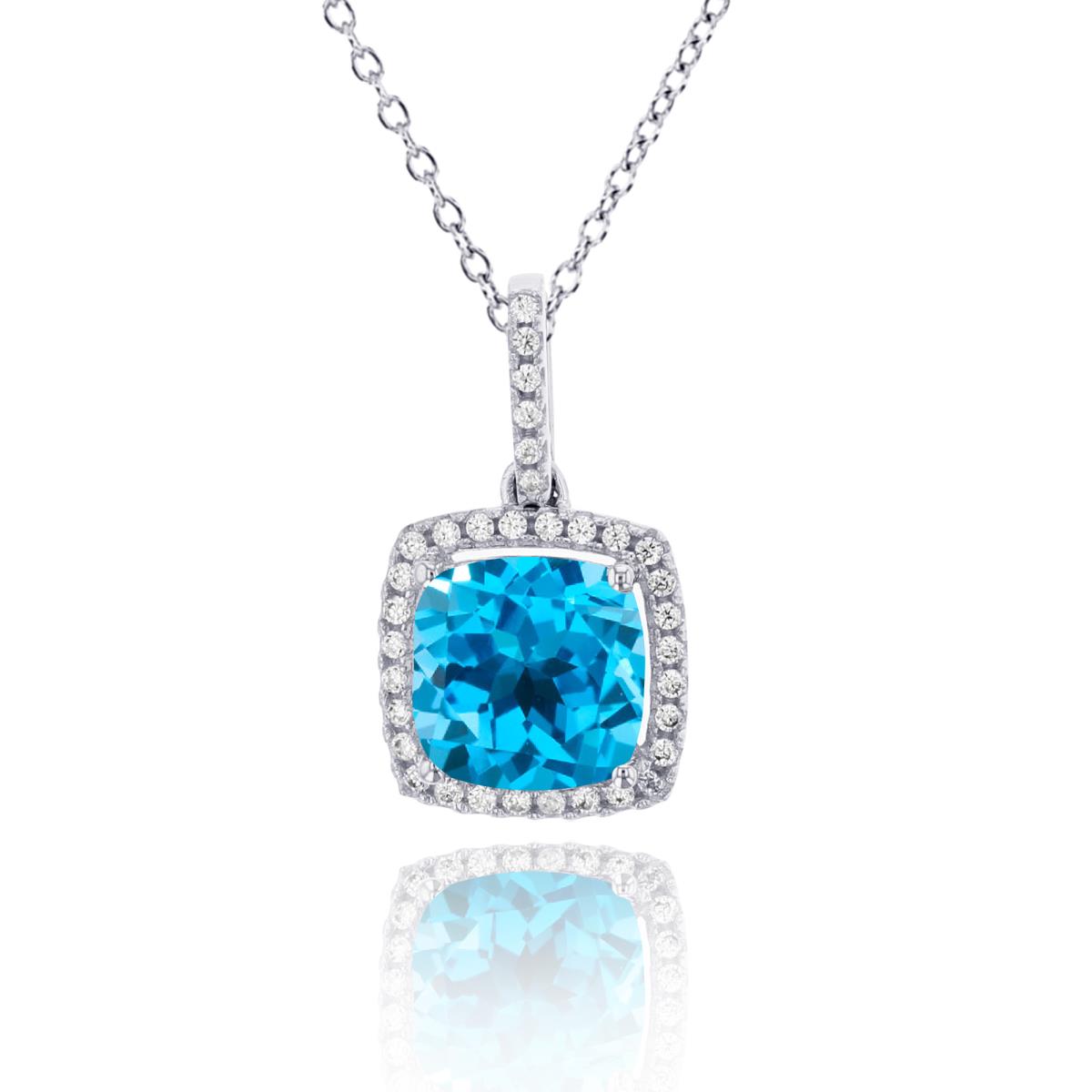 Silver Sterling Rhodium 7mm Cush Blue Topaz & 1mm Rnd White Topaz Halo 18"Necklace