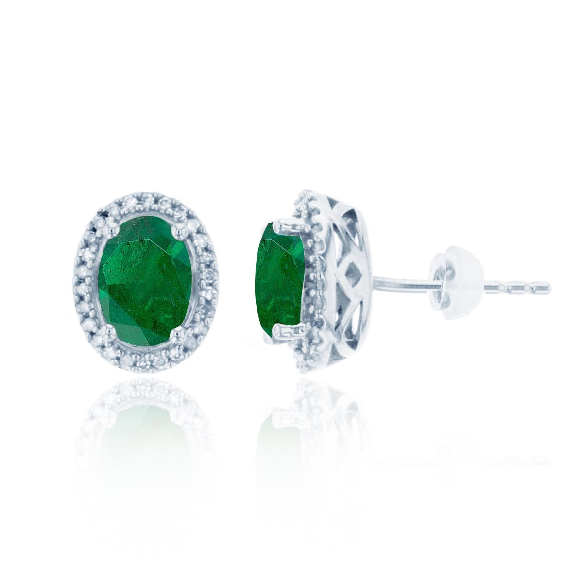 Silver Sterling Rhodium 7x5mm Ov Created Emerald & Rnd Created White Sapphire Oval Halo Studs