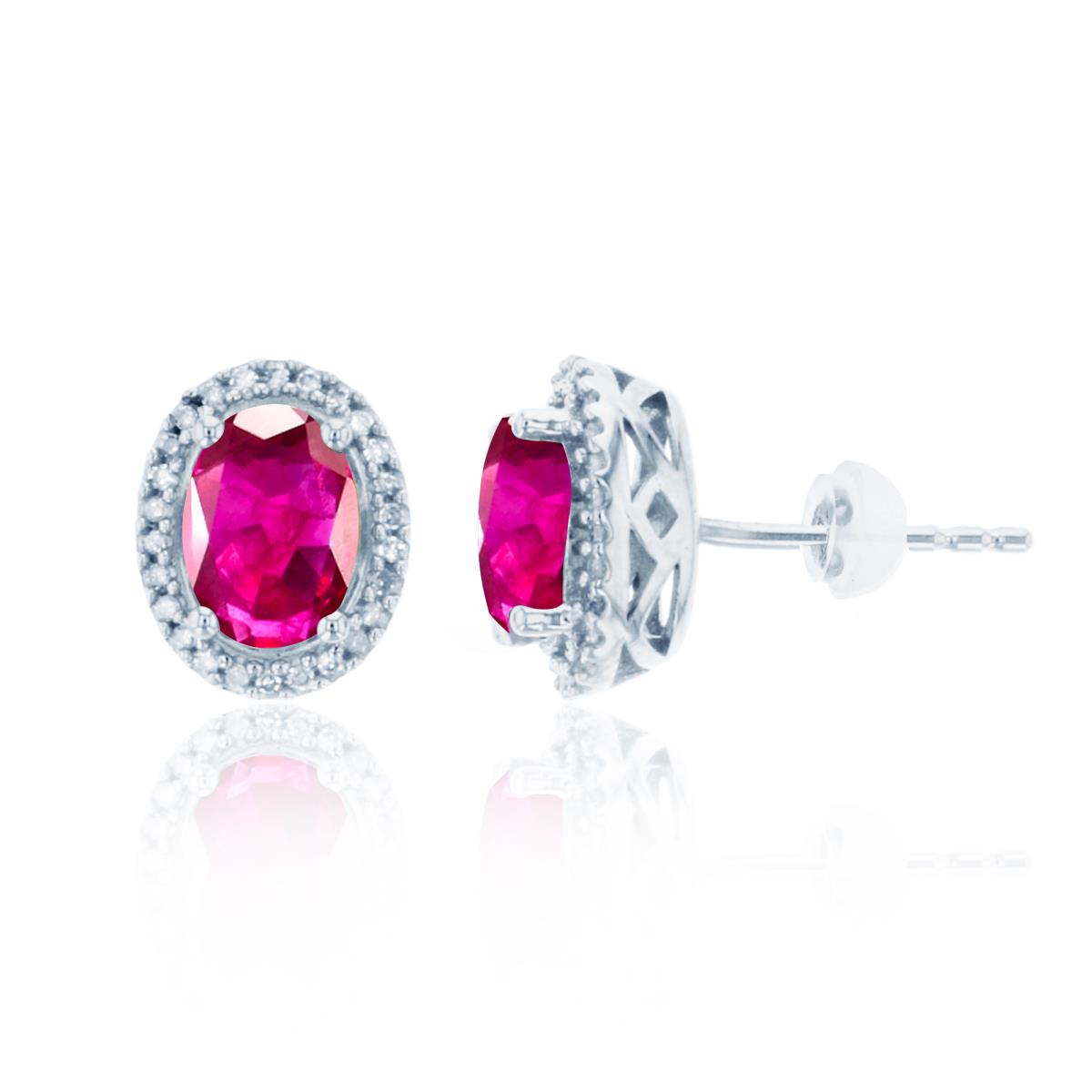 Silver Sterling Rhodium 7x5mm Ov Created Ruby & Rnd Created White Sapphire Oval Halo Studs