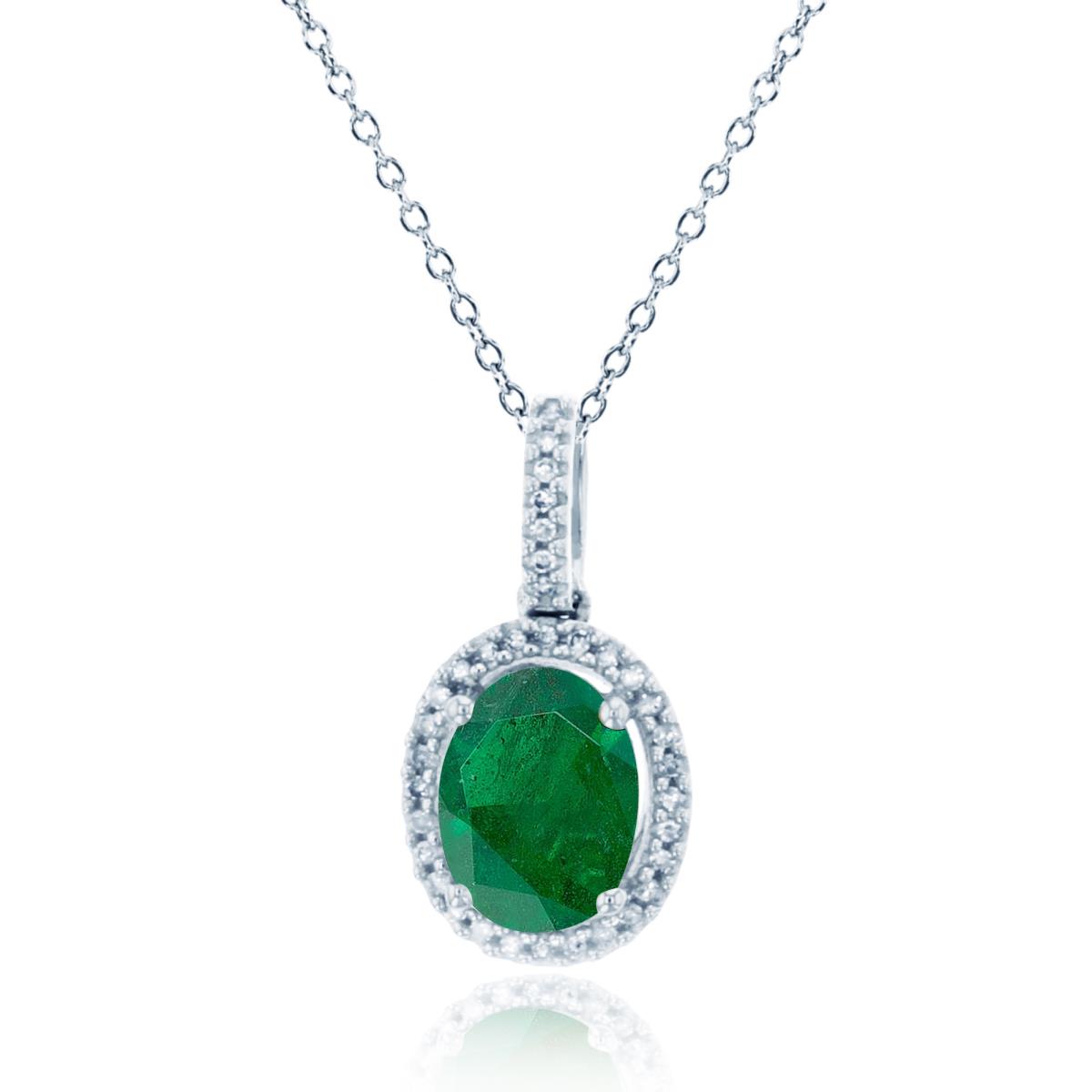 Silver Sterling Rhodium 8x6mm Ov Created Emerald & Rnd Created White Sapphire Oval Halo 18"Necklace