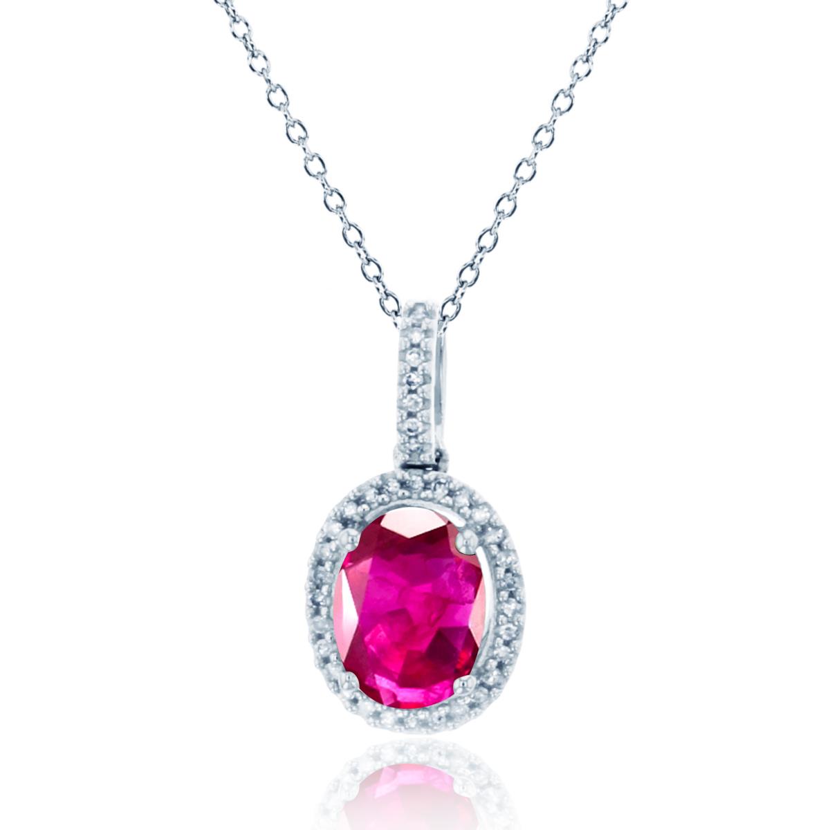 Silver Sterling Rhodium 8x6mm Ov Created Ruby & Rnd Created White Sapphire Oval Halo 18"Necklace