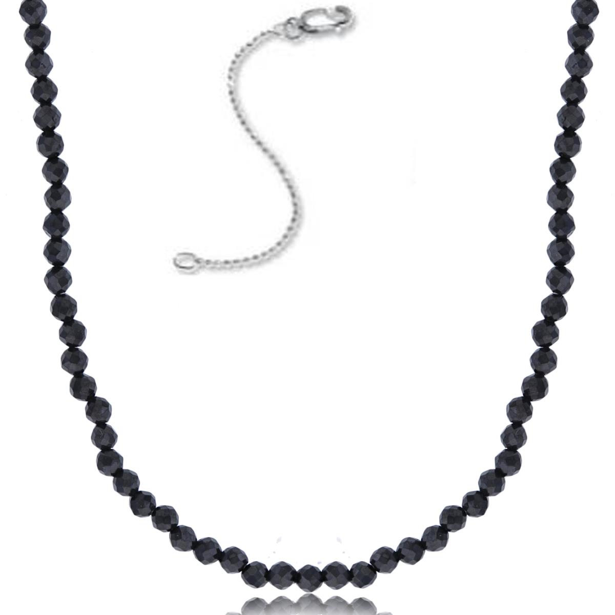 Sterling Silver Rhodium 2mm Rondelle Black Spinel Beaded 16"+2" Necklace