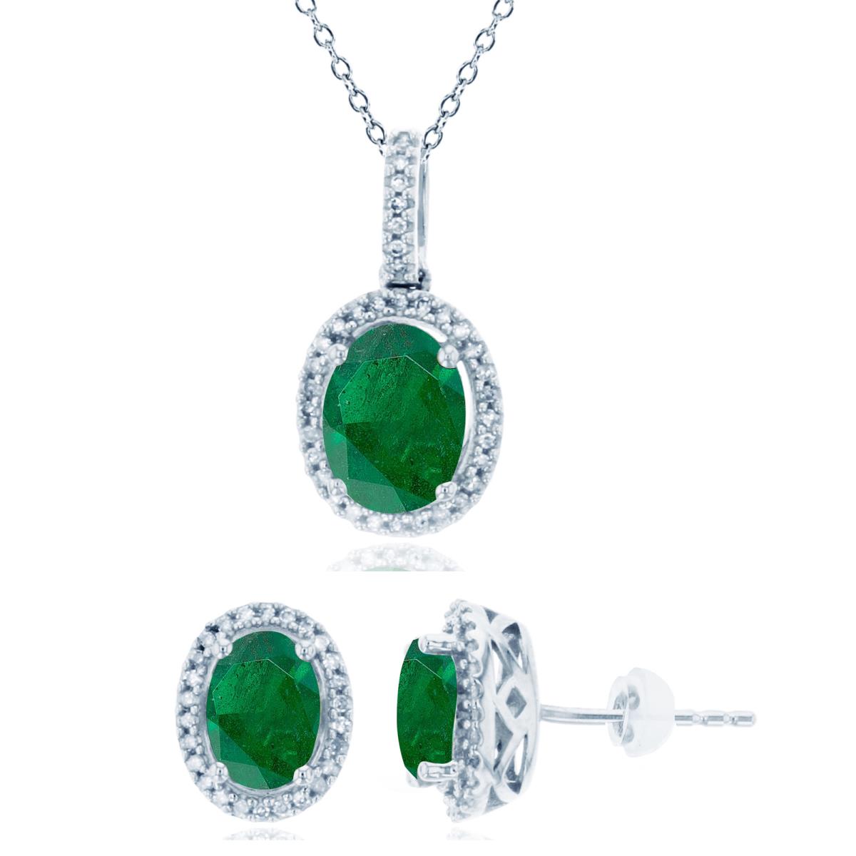 Sterling Silver Rhodium 8x6mm/7x5mm Ov Created Emerald & Created White Sapphire Necklace & Earring Set 