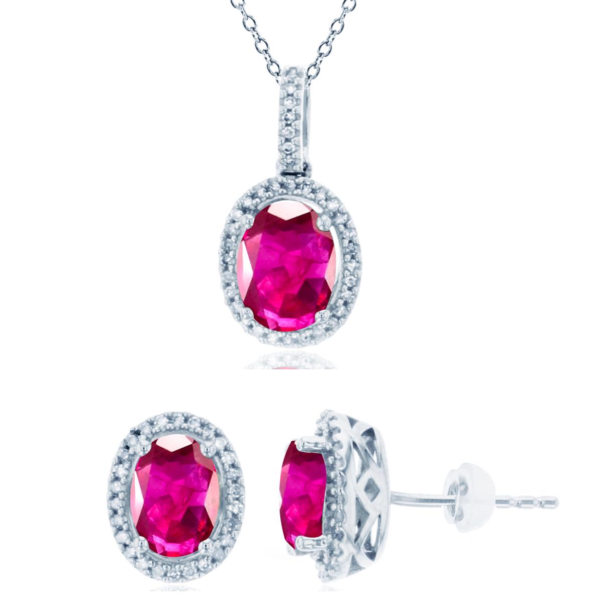 Sterling Silver Rhodium 8x6mm/7x5mm Ov Created Ruby & Created White Sapphire Necklace & Earring Set 
