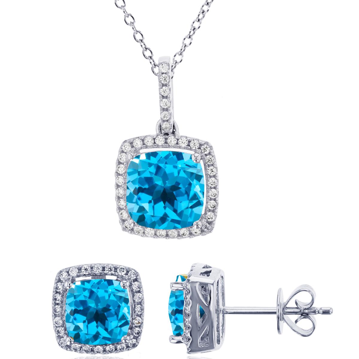 Sterling Silver Rhodium 7mm/6mm Cush Swiss Blue Topaz & 1mm Rnd White Topaz Necklace & Earring Set