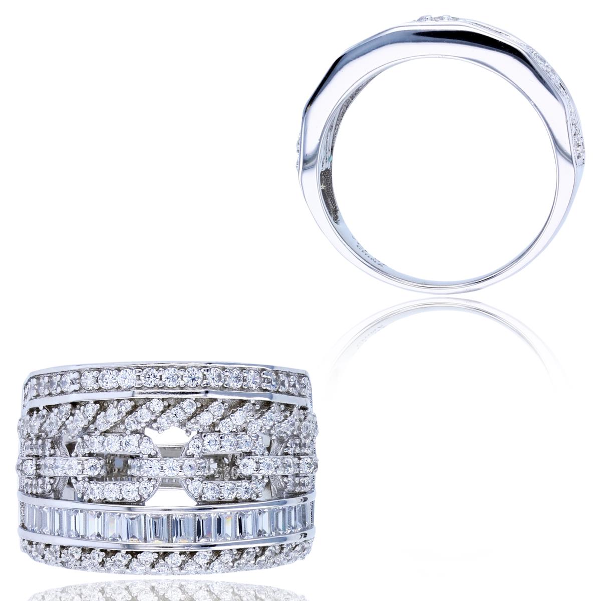 Sterling Silver Rhodium SB & Rnd CZ Wide Ornament Band