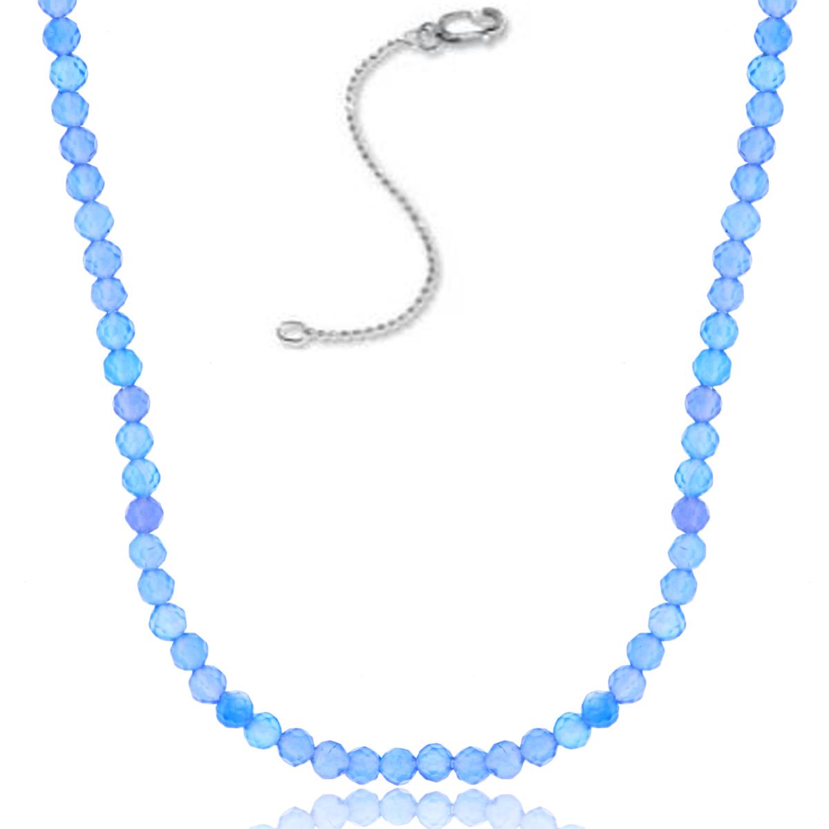 Sterling Silver Rhodium 2mm Rondelle Blue Agate Beaded 16"+2" Necklace